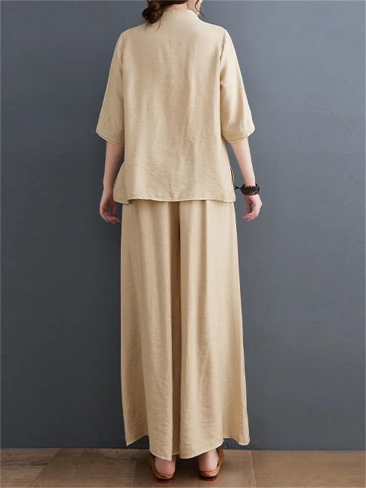 Women's V-Neck Orchids Embroidered Shirt Casual Pants Outfit