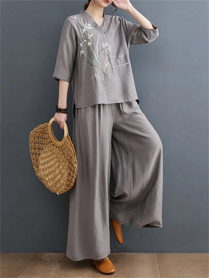 Women's V-Neck Orchids Embroidered Shirt Casual Pants Outfit