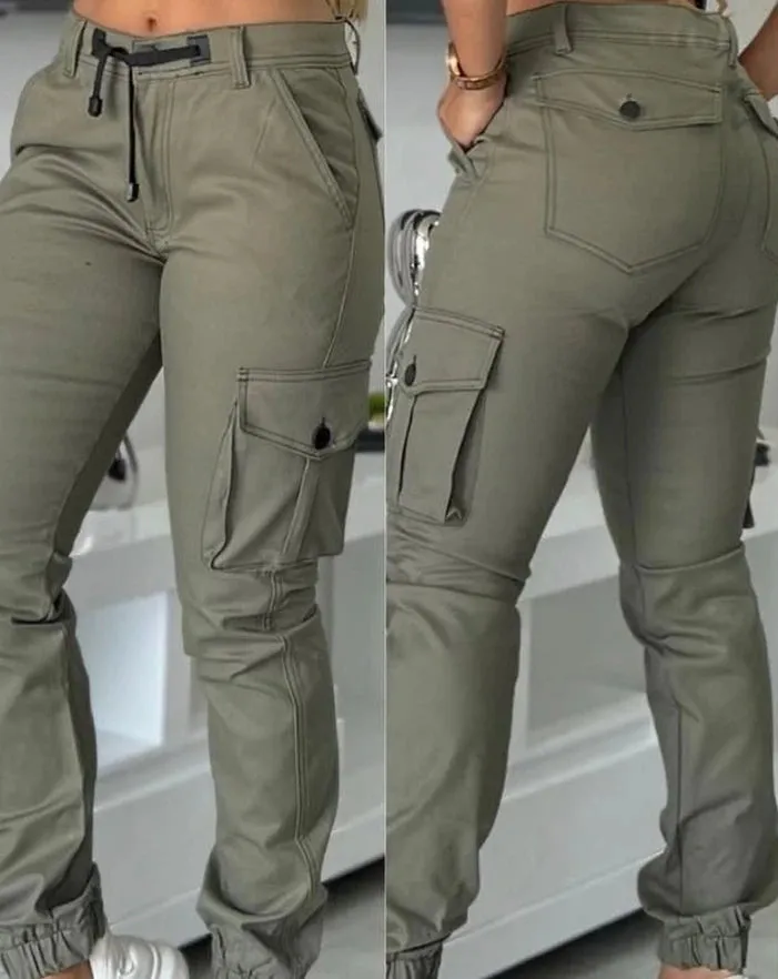 Women's Work Pants 2025 Autumn Winter Latest Urban High Waist Multiple Pockets Design Cuffed Cargo Pants Slim Fit Trousers
