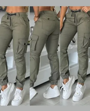Women's Work Pants 2025 Autumn Winter Latest Urban High Waist Multiple Pockets Design Cuffed Cargo Pants Slim Fit Trousers