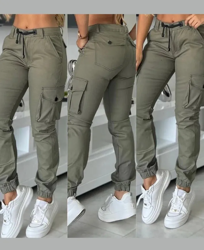 Women's Work Pants 2025 Autumn Winter Latest Urban High Waist Multiple Pockets Design Cuffed Cargo Pants Slim Fit Trousers
