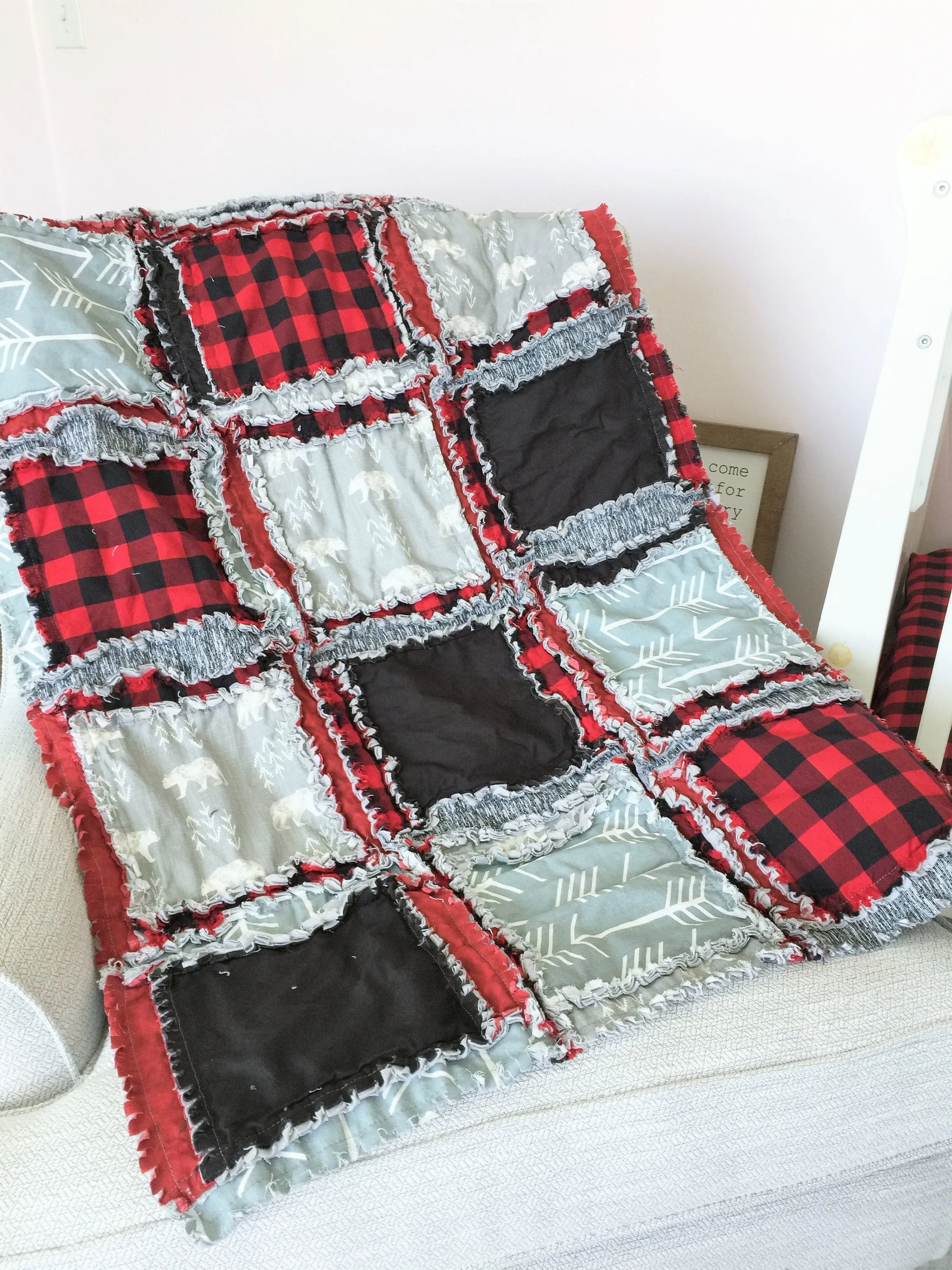 Woodland Theme Lumberjack Blanket Plaid Crib Bedding, Baby Boy Quilts for Sale, Toddler Bedding Boy
