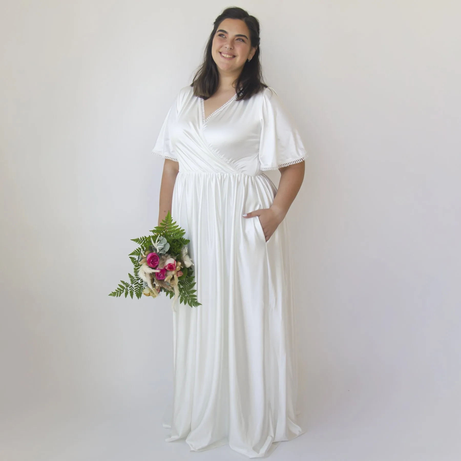 Wrap dress Butterfly Sleeves Ivory wedding dress with pockets #1344