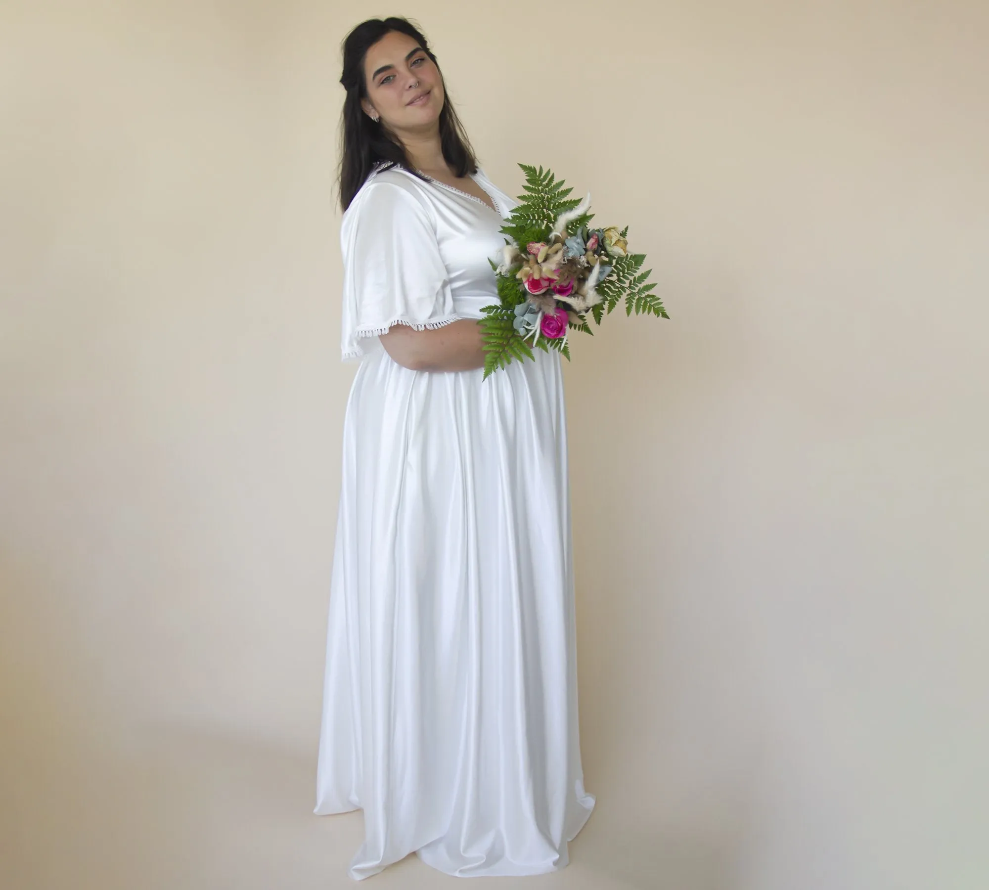 Wrap dress Butterfly Sleeves Ivory wedding dress with pockets #1344