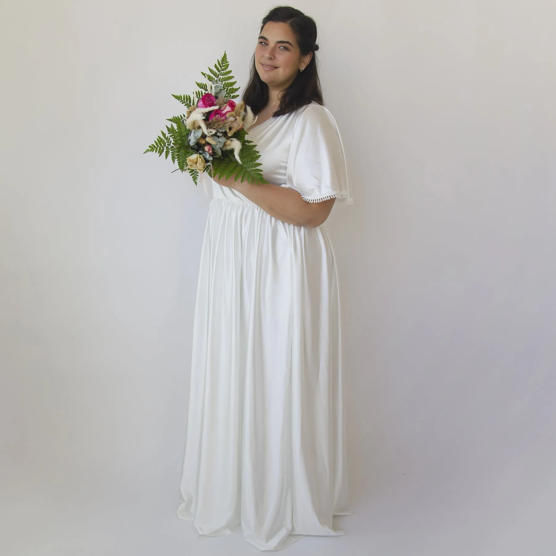 Wrap dress Butterfly Sleeves Ivory wedding dress with pockets #1344