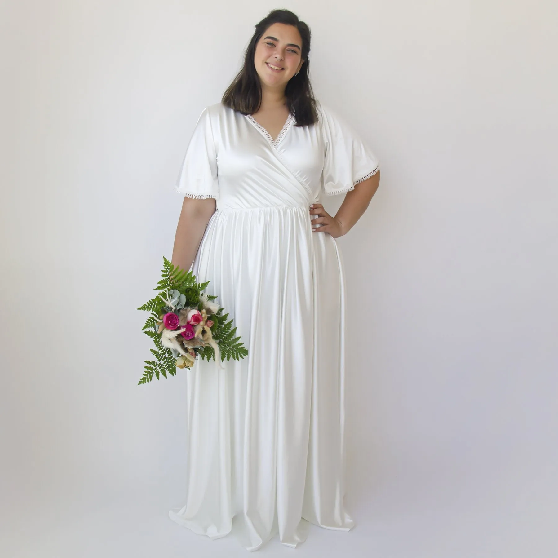Wrap dress Butterfly Sleeves Ivory wedding dress with pockets #1344