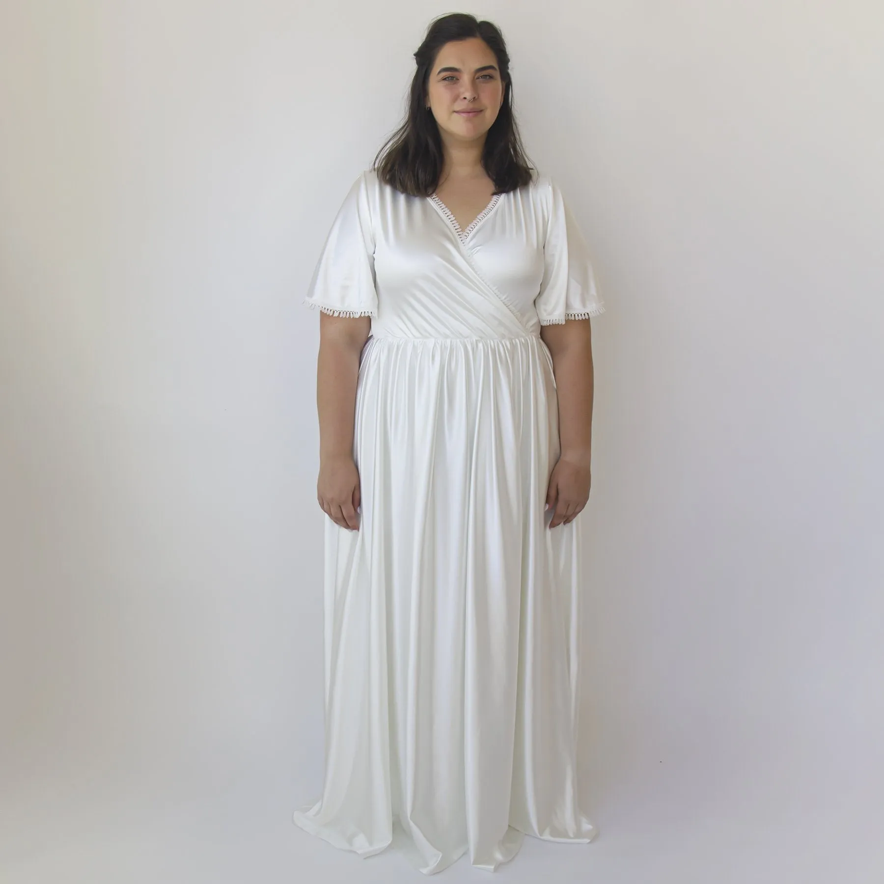 Wrap dress Butterfly Sleeves Ivory wedding dress with pockets #1344