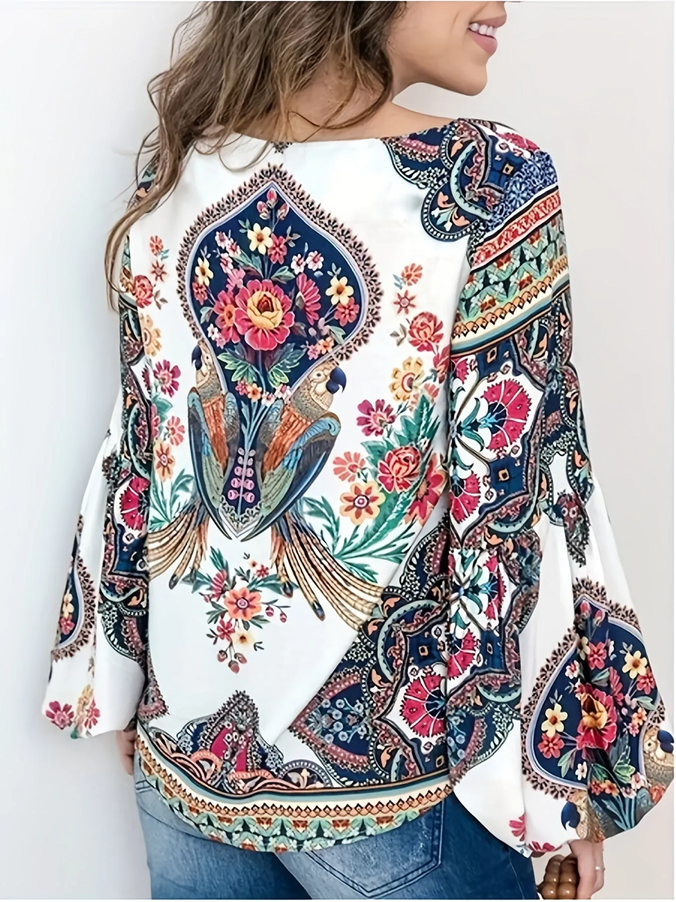 xieyinshe  Plus Size Retro Blouse, Women's Plus Bird & Floral Print Long Sleeve Round Neck Shirt Top