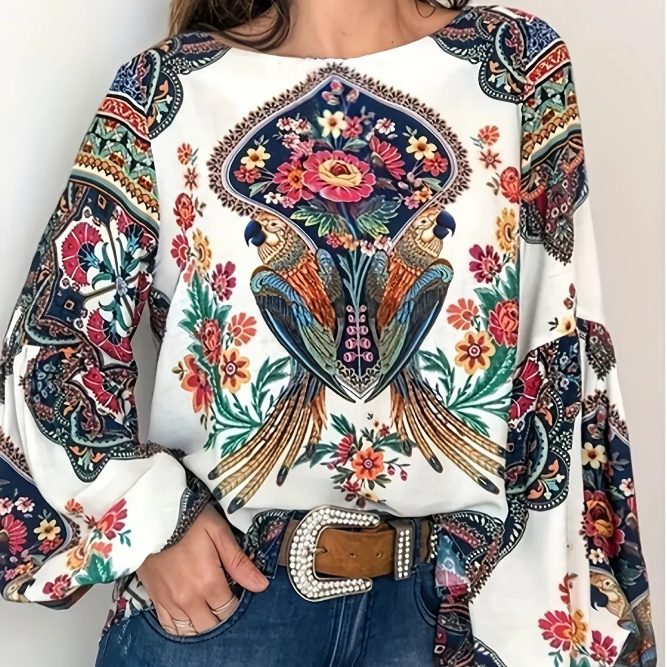 xieyinshe  Plus Size Retro Blouse, Women's Plus Bird & Floral Print Long Sleeve Round Neck Shirt Top