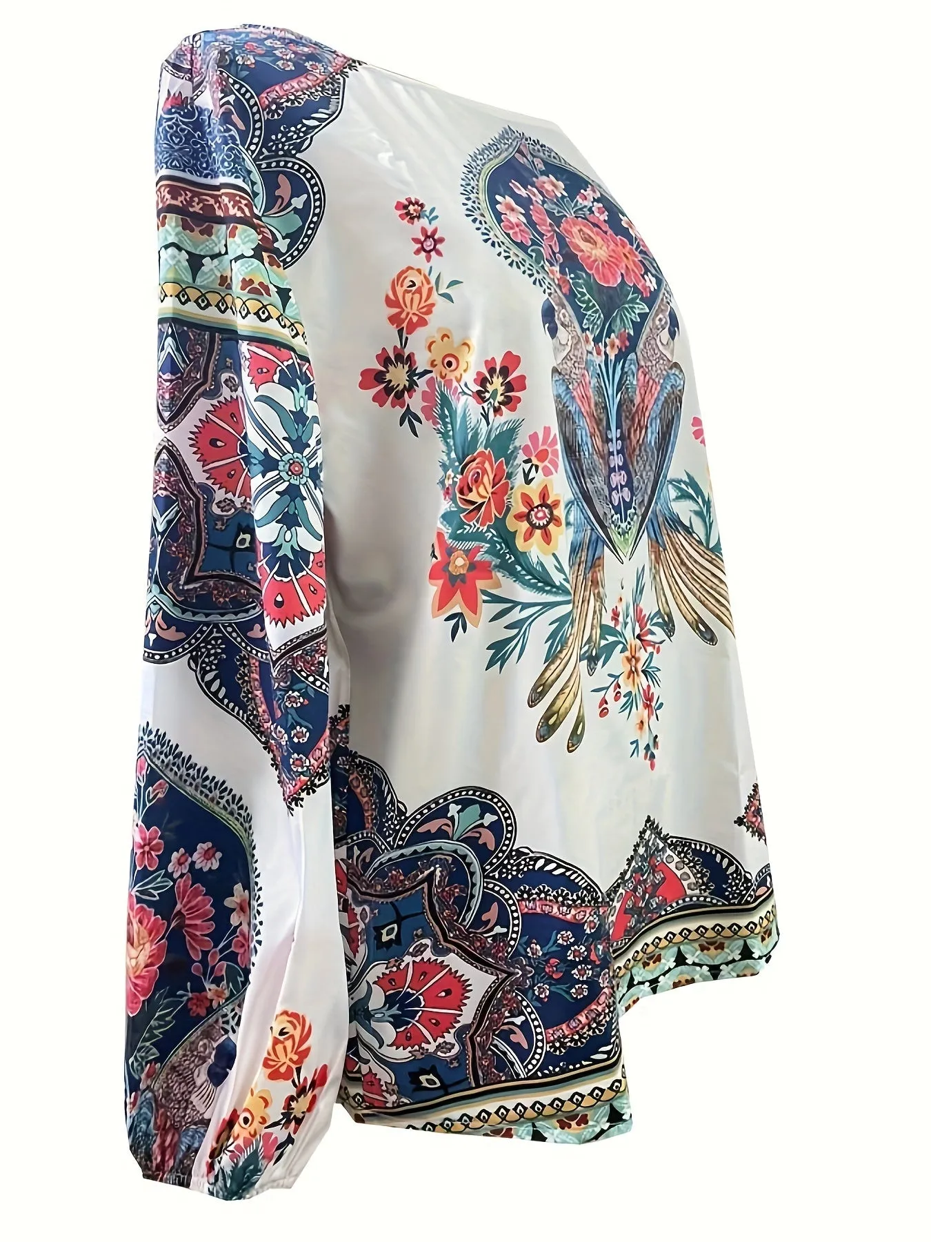 xieyinshe  Plus Size Retro Blouse, Women's Plus Bird & Floral Print Long Sleeve Round Neck Shirt Top