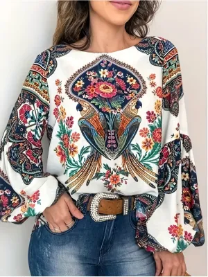 xieyinshe  Plus Size Retro Blouse, Women's Plus Bird & Floral Print Long Sleeve Round Neck Shirt Top