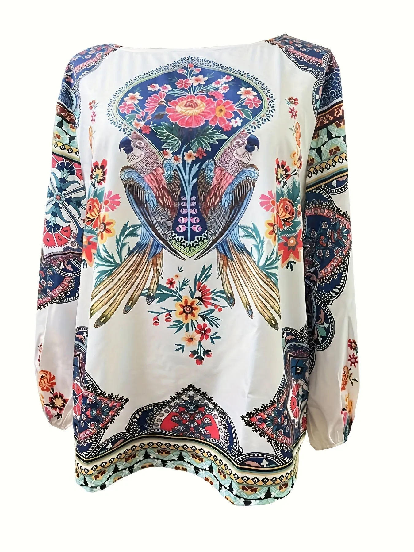 xieyinshe  Plus Size Retro Blouse, Women's Plus Bird & Floral Print Long Sleeve Round Neck Shirt Top