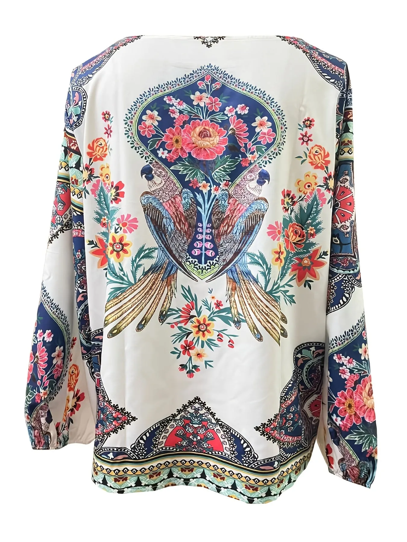 xieyinshe  Plus Size Retro Blouse, Women's Plus Bird & Floral Print Long Sleeve Round Neck Shirt Top
