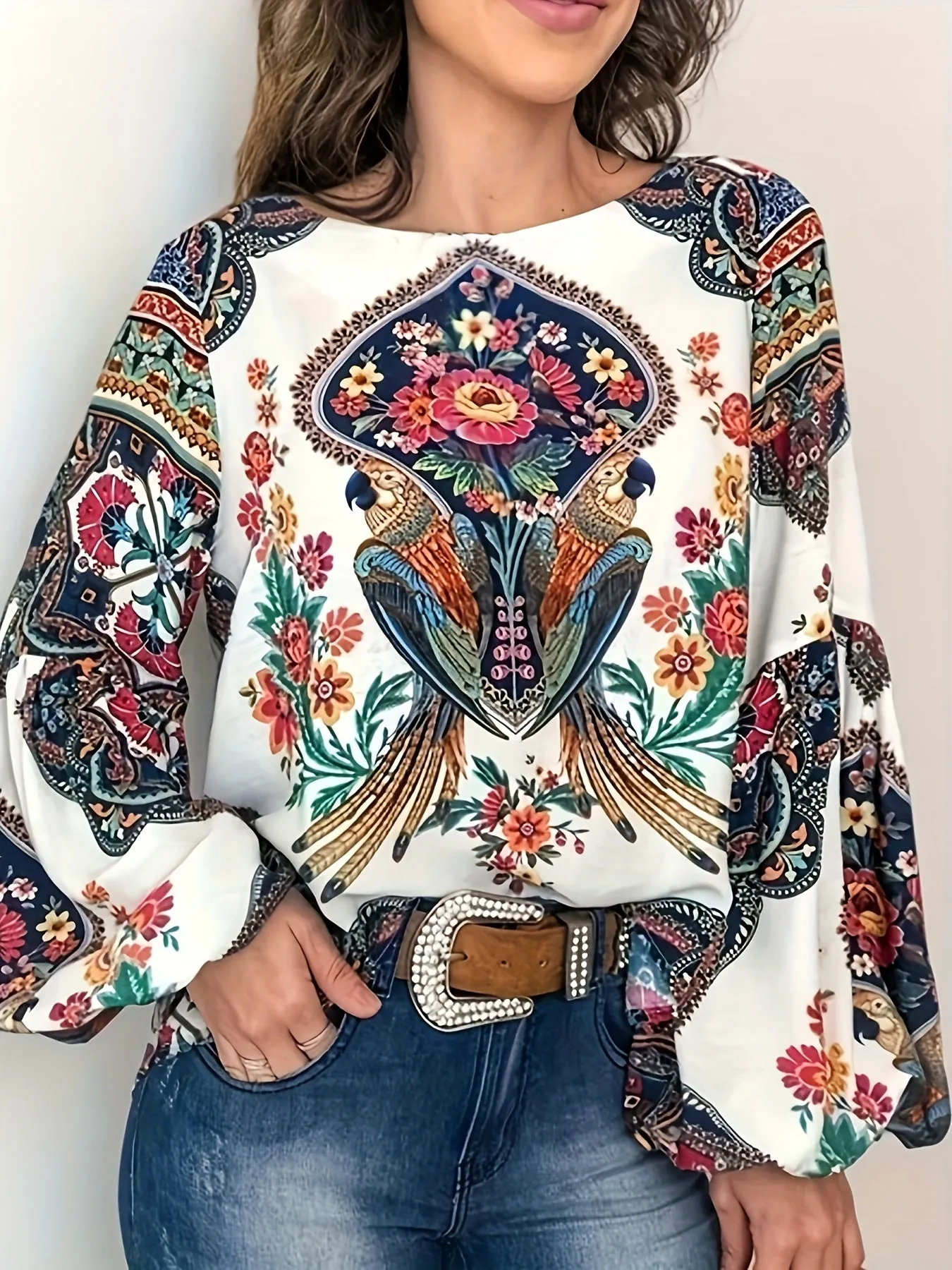 xieyinshe  Plus Size Retro Blouse, Women's Plus Bird & Floral Print Long Sleeve Round Neck Shirt Top