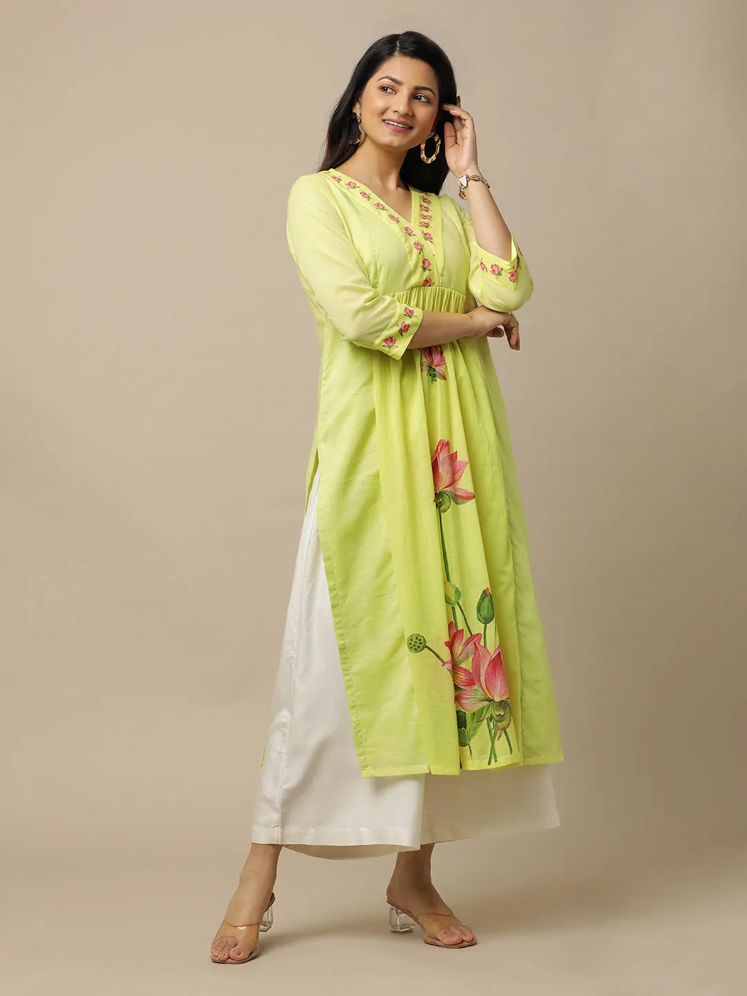 Yellow Lotus Printed Cotton Suit