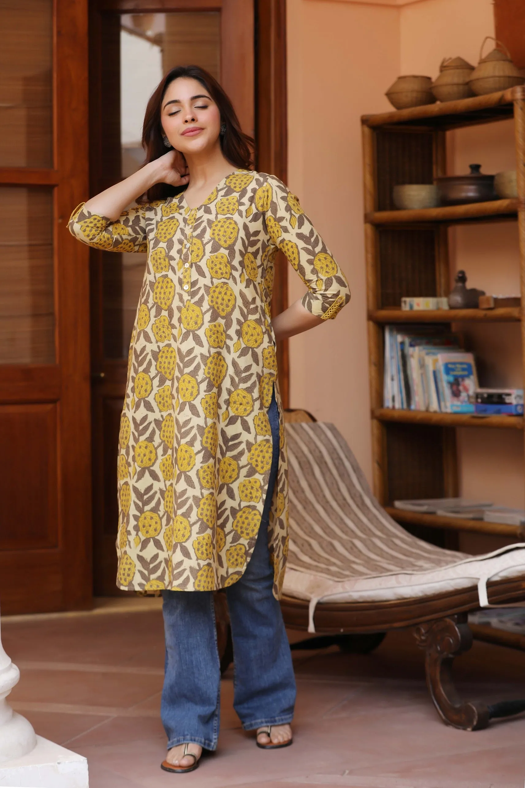 Yellow With Brown Cotton Pure Hand Block Printed Ready-To-Wear Long Kurta