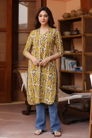 Yellow With Brown Cotton Pure Hand Block Printed Ready-To-Wear Long Kurta