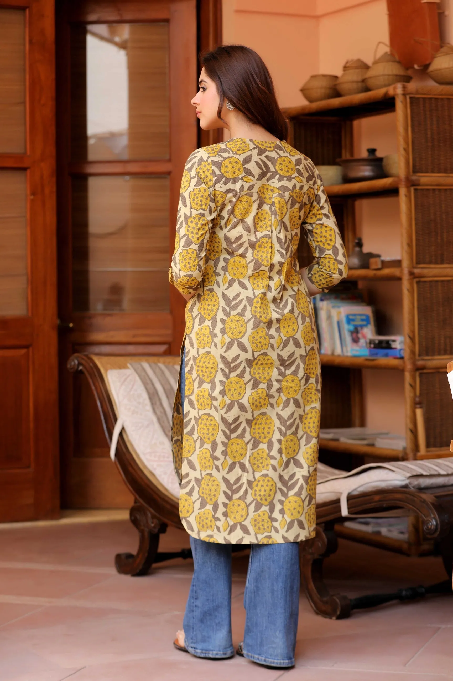 Yellow With Brown Cotton Pure Hand Block Printed Ready-To-Wear Long Kurta