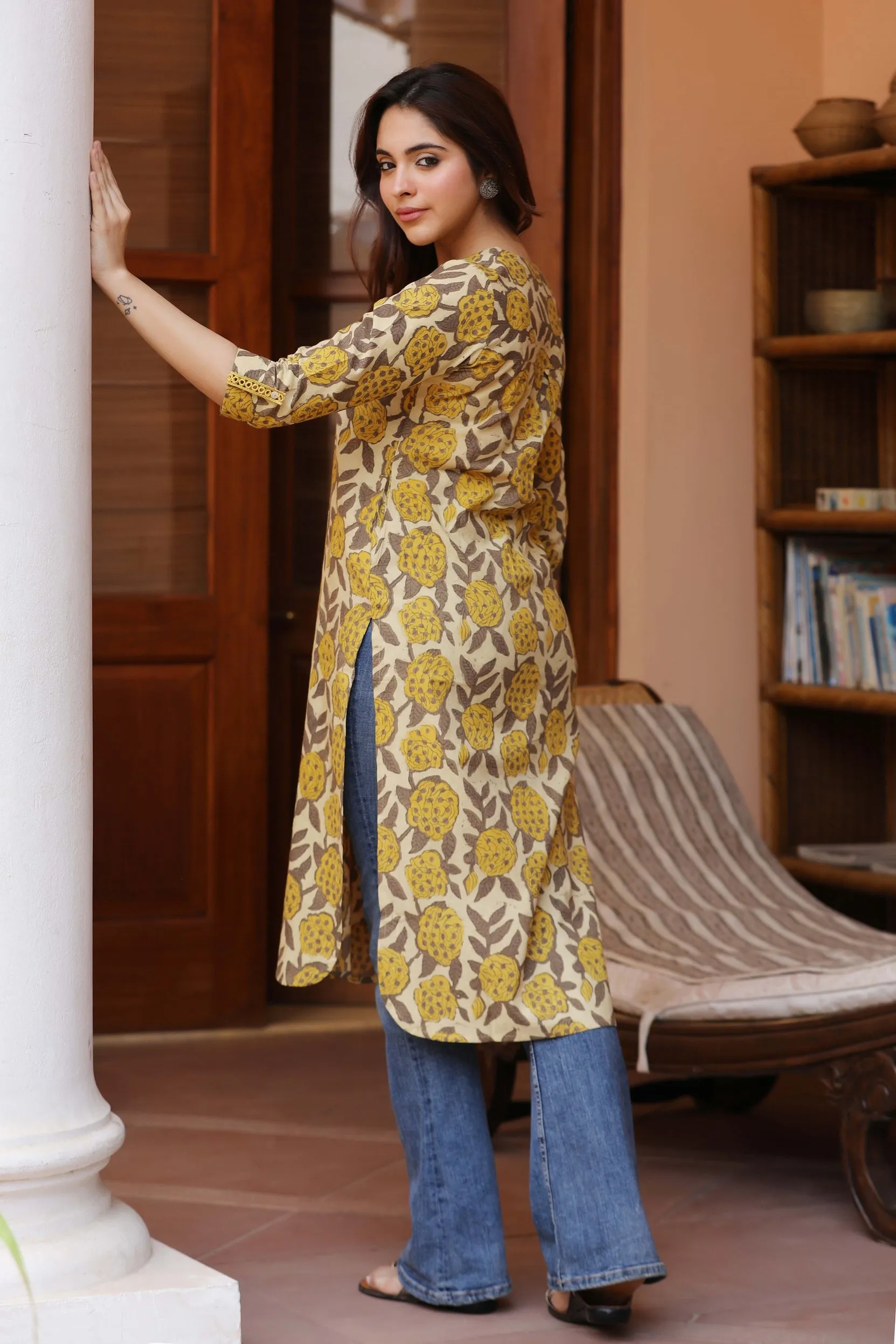 Yellow With Brown Cotton Pure Hand Block Printed Ready-To-Wear Long Kurta