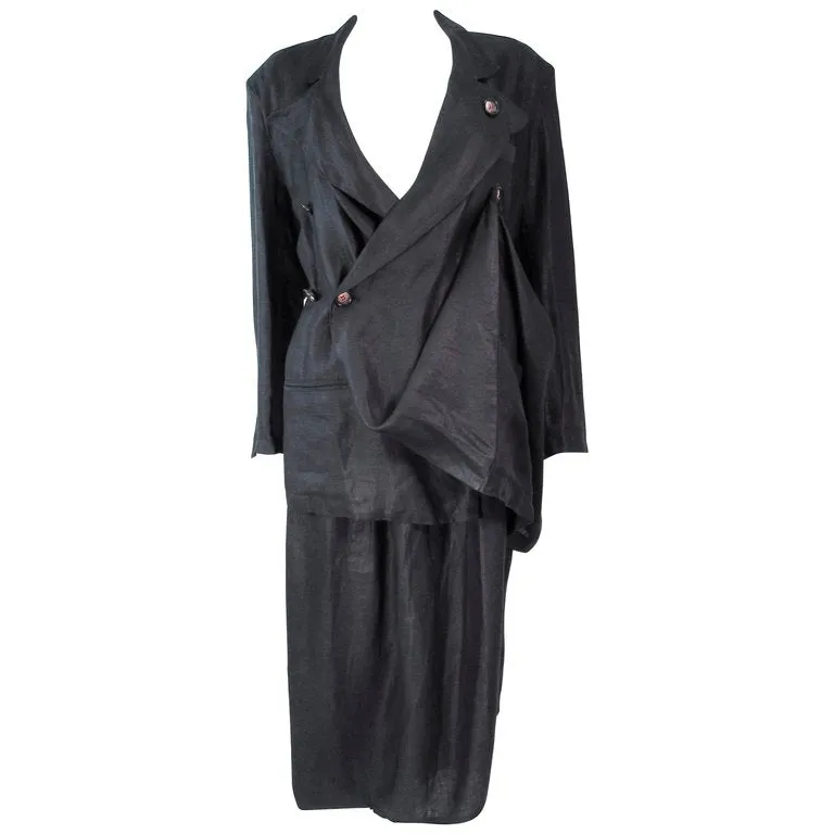 YOHJI YAMAMOTO Black Linen 2 pc Draped Jacket and Pants Suit