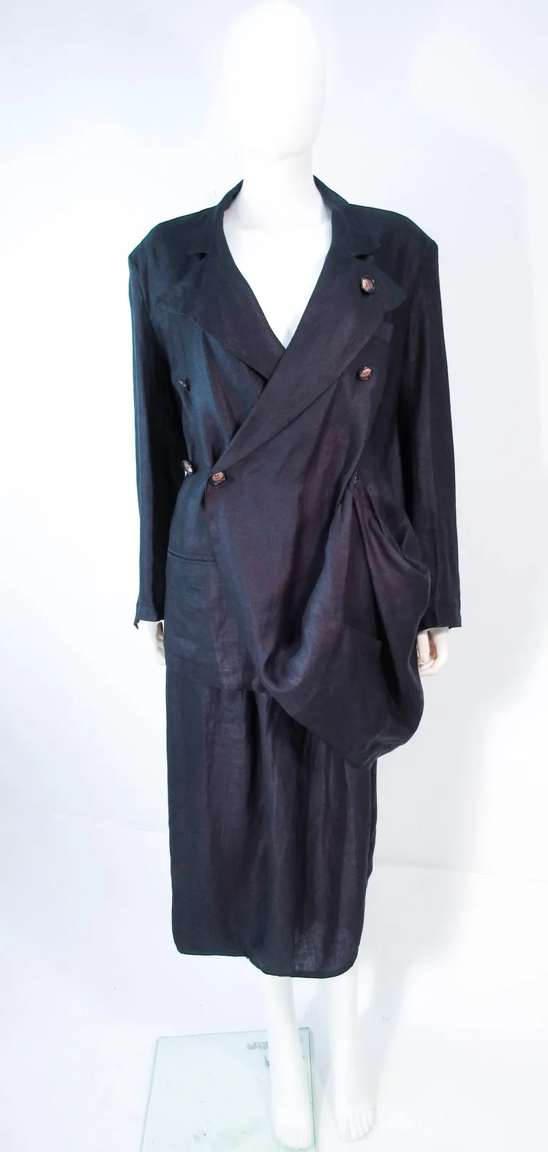 YOHJI YAMAMOTO Black Linen 2 pc Draped Jacket and Pants Suit