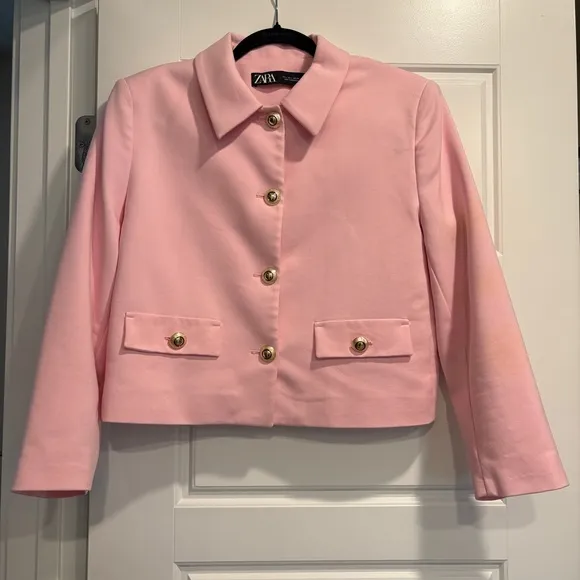 Zara Pink Crop Button Front Blazer Jacket Womens Large Professional Feminine
