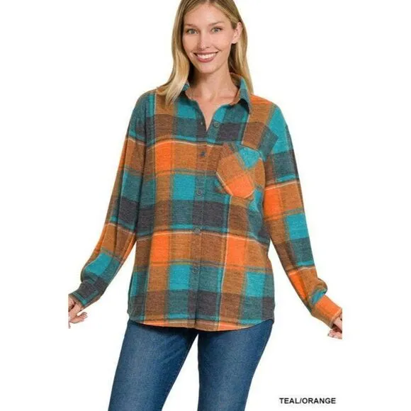 Zenana Making S’mores Plaid Flannel Shacket in Teal/Orange S-L QJL-1368Y
