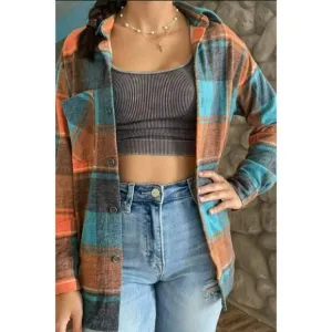 Zenana Making S’mores Plaid Flannel Shacket in Teal/Orange S-L QJL-1368Y