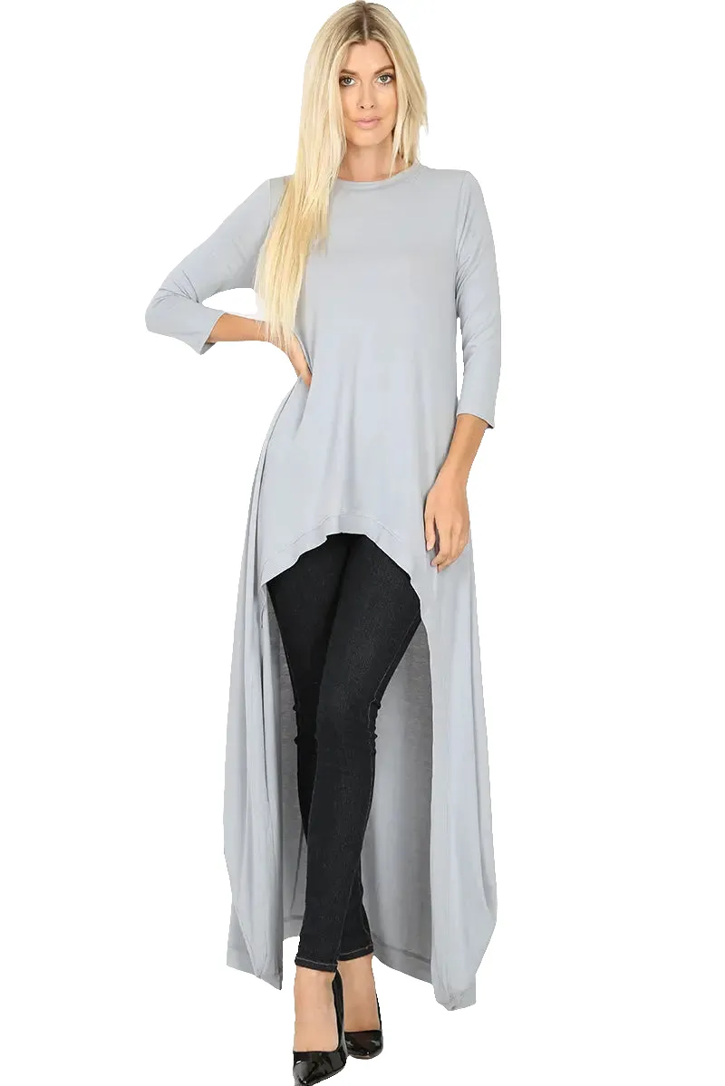 Zenana premium FASHION WOMENS 3/4 SLEEVE SOFT STRETCH KNIT HIGH LOW TUNIC MAXI DRESS TOP BLOUSE