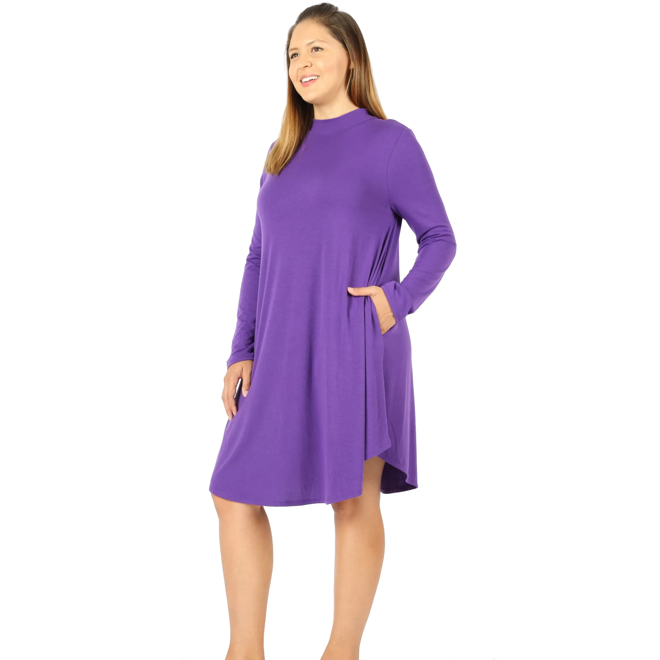 Zenana premium PLUS PREMIUM MOCK NECK LONG SLEEVE DRESS POCKETS StyleNo: 1703XPBY CATHY BURGESS
