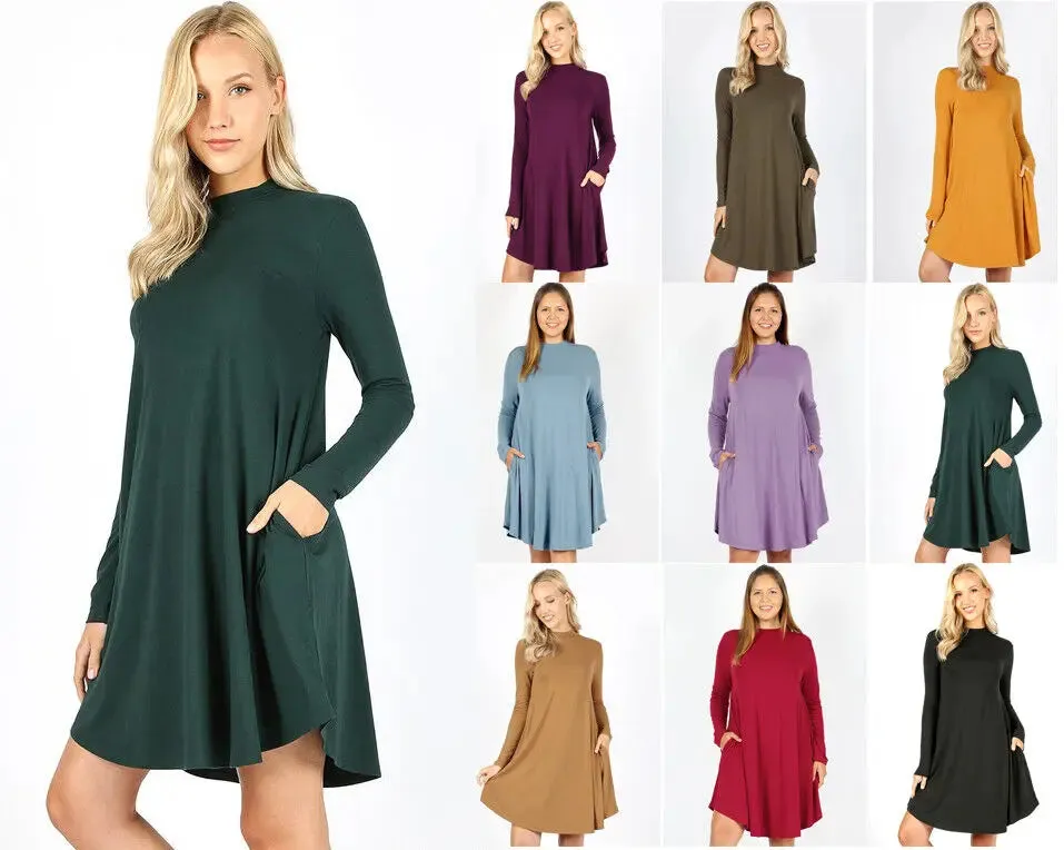 Zenana premium PLUS PREMIUM MOCK NECK LONG SLEEVE DRESS POCKETS StyleNo: 1703XPBY CATHY BURGESS