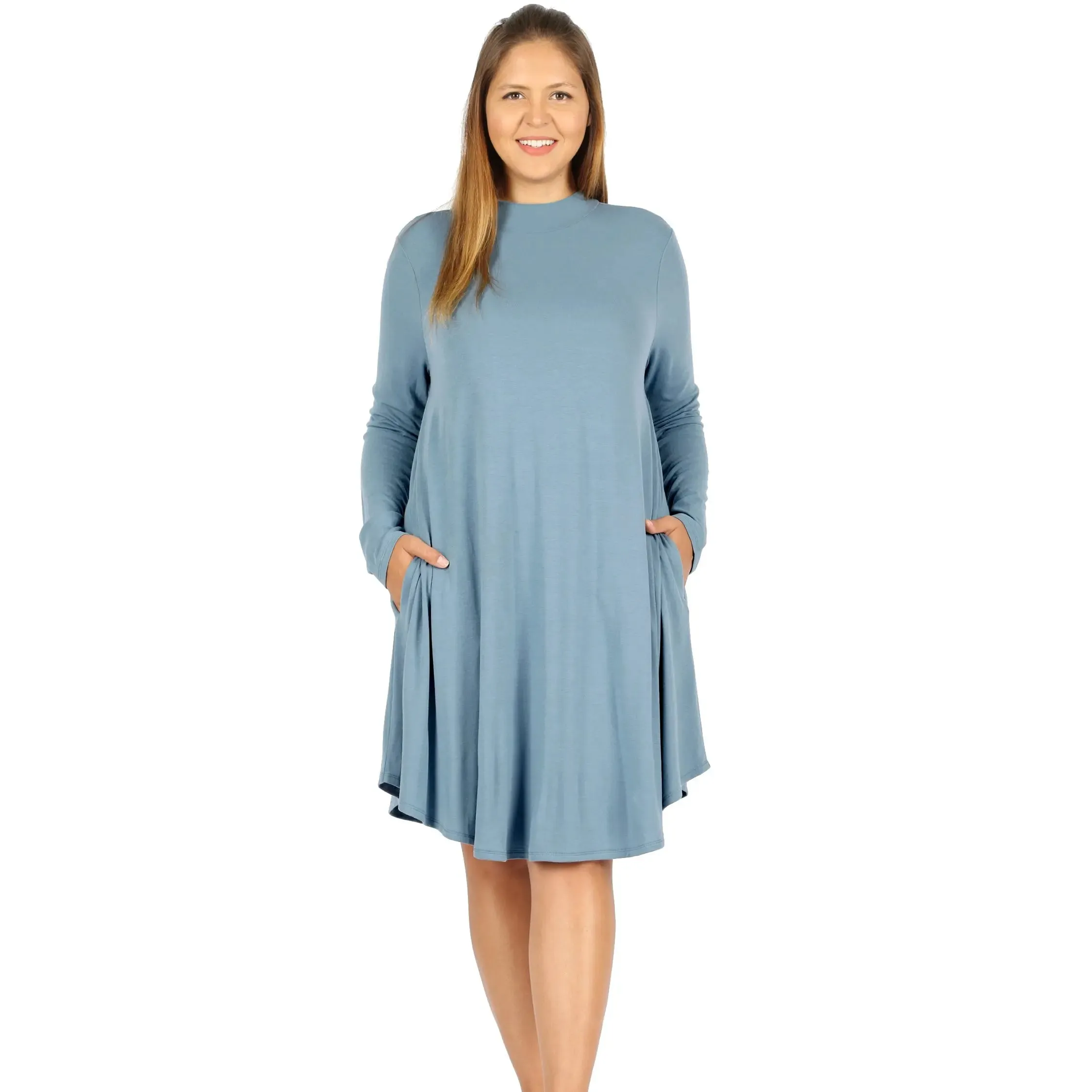 Zenana premium PLUS PREMIUM MOCK NECK LONG SLEEVE DRESS POCKETS StyleNo: 1703XPBY CATHY BURGESS