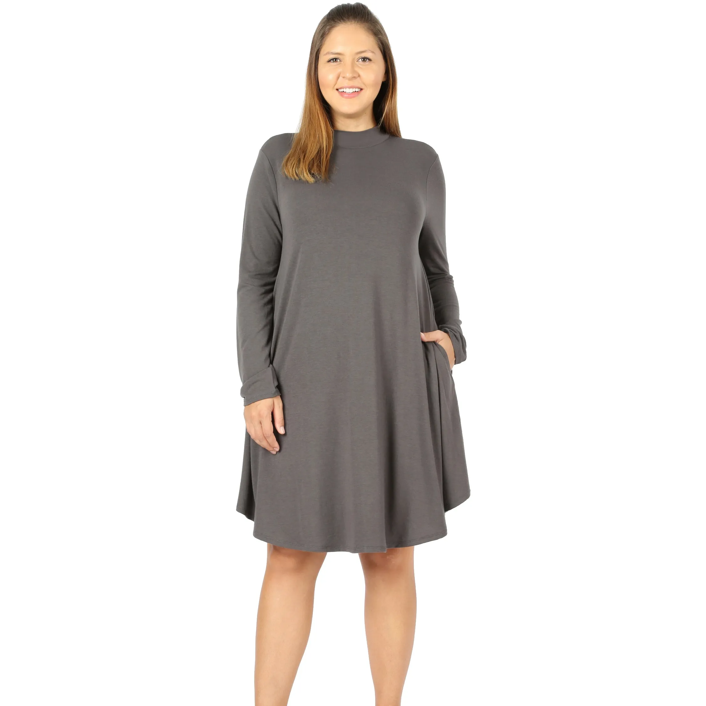 Zenana premium PLUS PREMIUM MOCK NECK LONG SLEEVE DRESS POCKETS StyleNo: 1703XPBY CATHY BURGESS